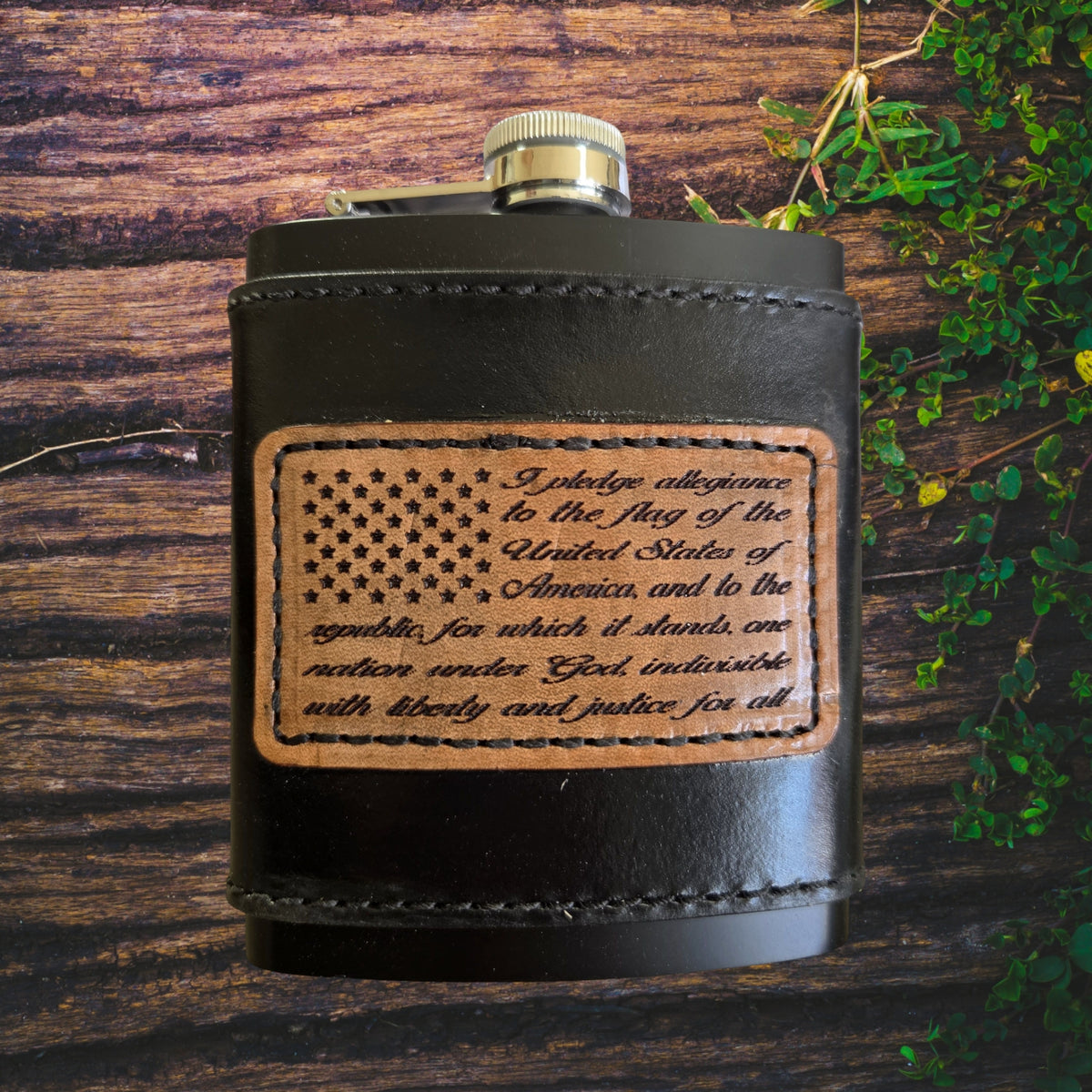 Laser Engraved Patch on Leather Cover w/ 7 oz Flask