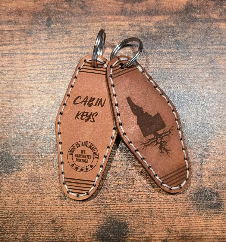 Laser Engraved Leather Key Chain - Vintage Hotel Key - Cabin Keys, Idaho Roots