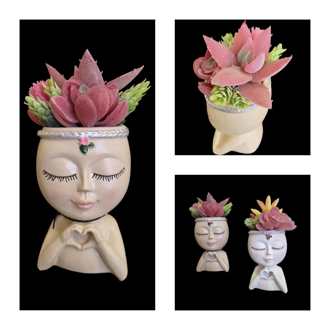 Faux Succulent Arrangement - Small Face Planter - Cream Female w/ Heart Hands