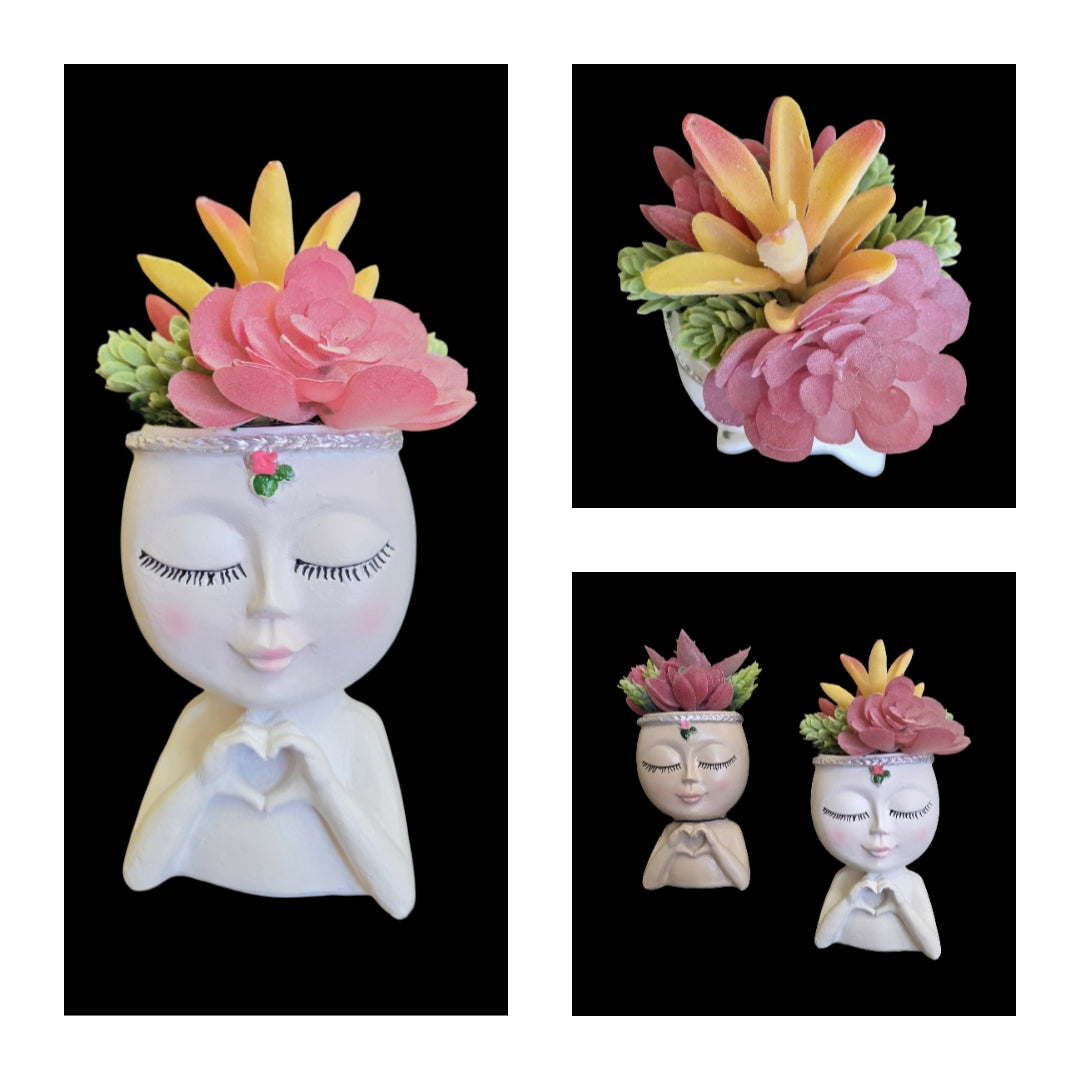 Faux Succulent Arrangement - Small Face Planter - White Female w/ Heart Hands