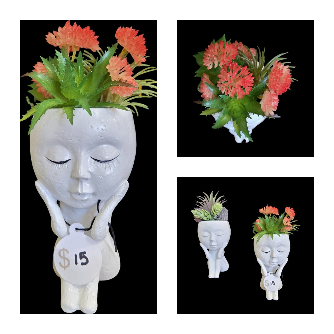 Faux Succulent Arrangement - Full Body Planter- White Unisex w/ Shiny plants