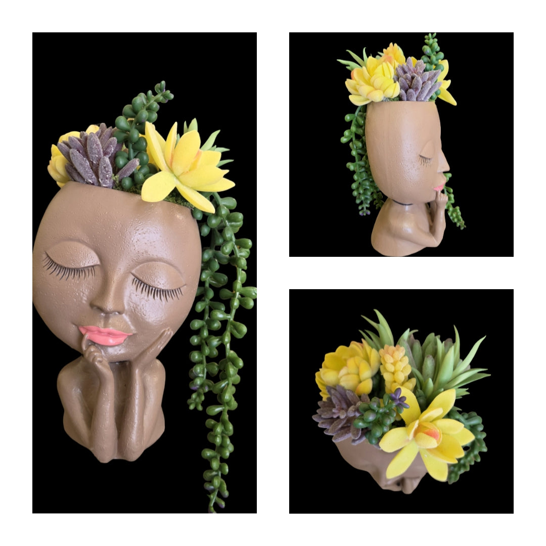 Faux Succulent Arrangement - Large Face Planter - Black Female
