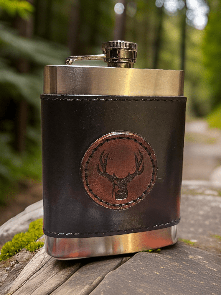 Handcrafted Leather & Stainless Steel Flask with Engraved Buck