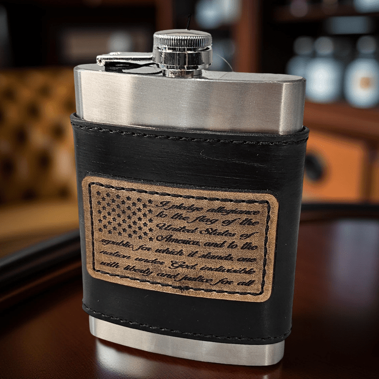 Laser Engraved Patch on Leather Cover w/ 7 oz Flask